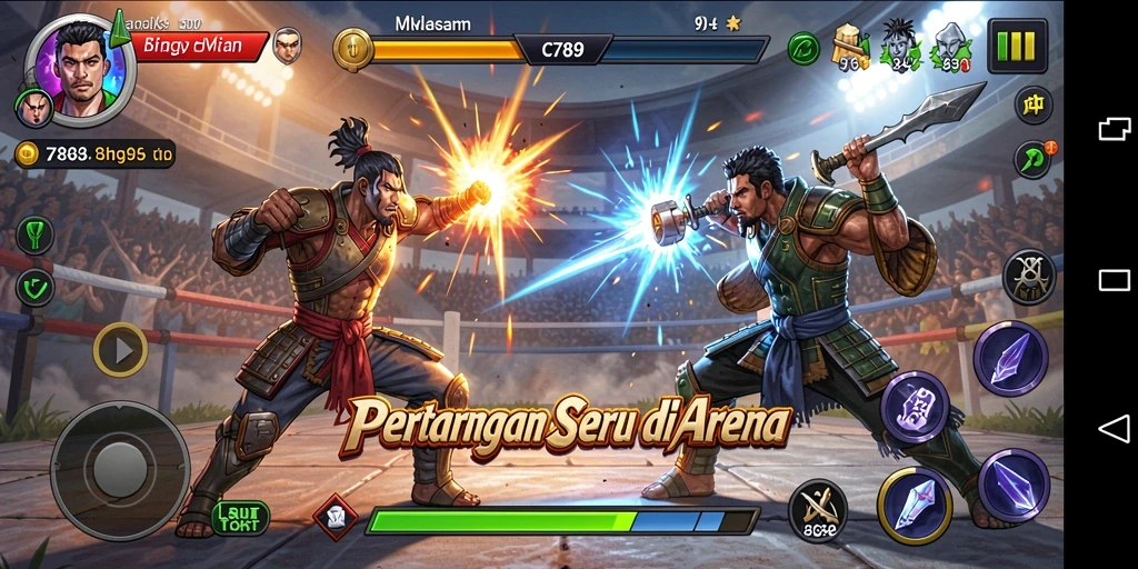 Screenshot menunjukkan karakter beraksi dalam pertarungan Fighting yang intens.