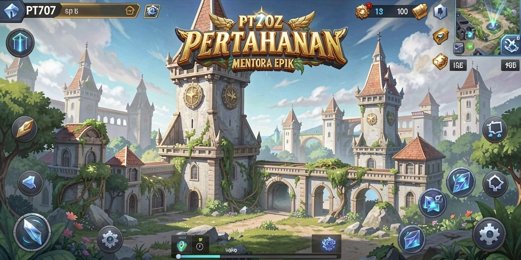 Tampilan gameplay PT707 dengan menara dan musuh yang beragam.